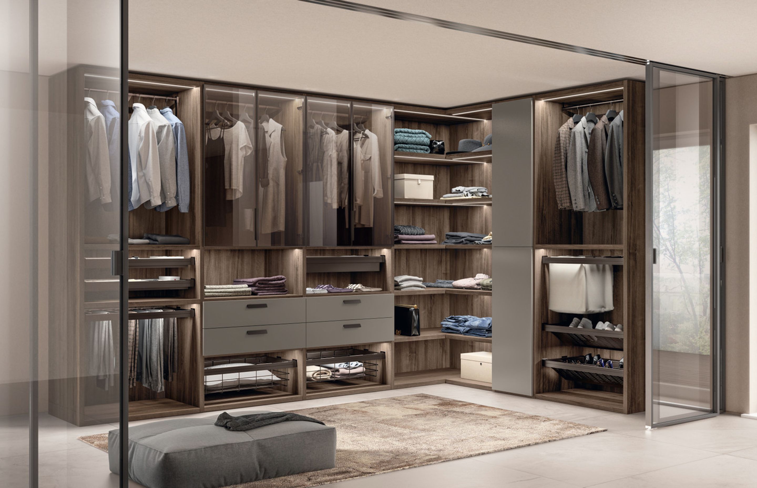 Drawer unit and “Assist” shoe rack shelf; Magical lights; rising clothes rack, trouser racks and clothes racks from the “Support” series.