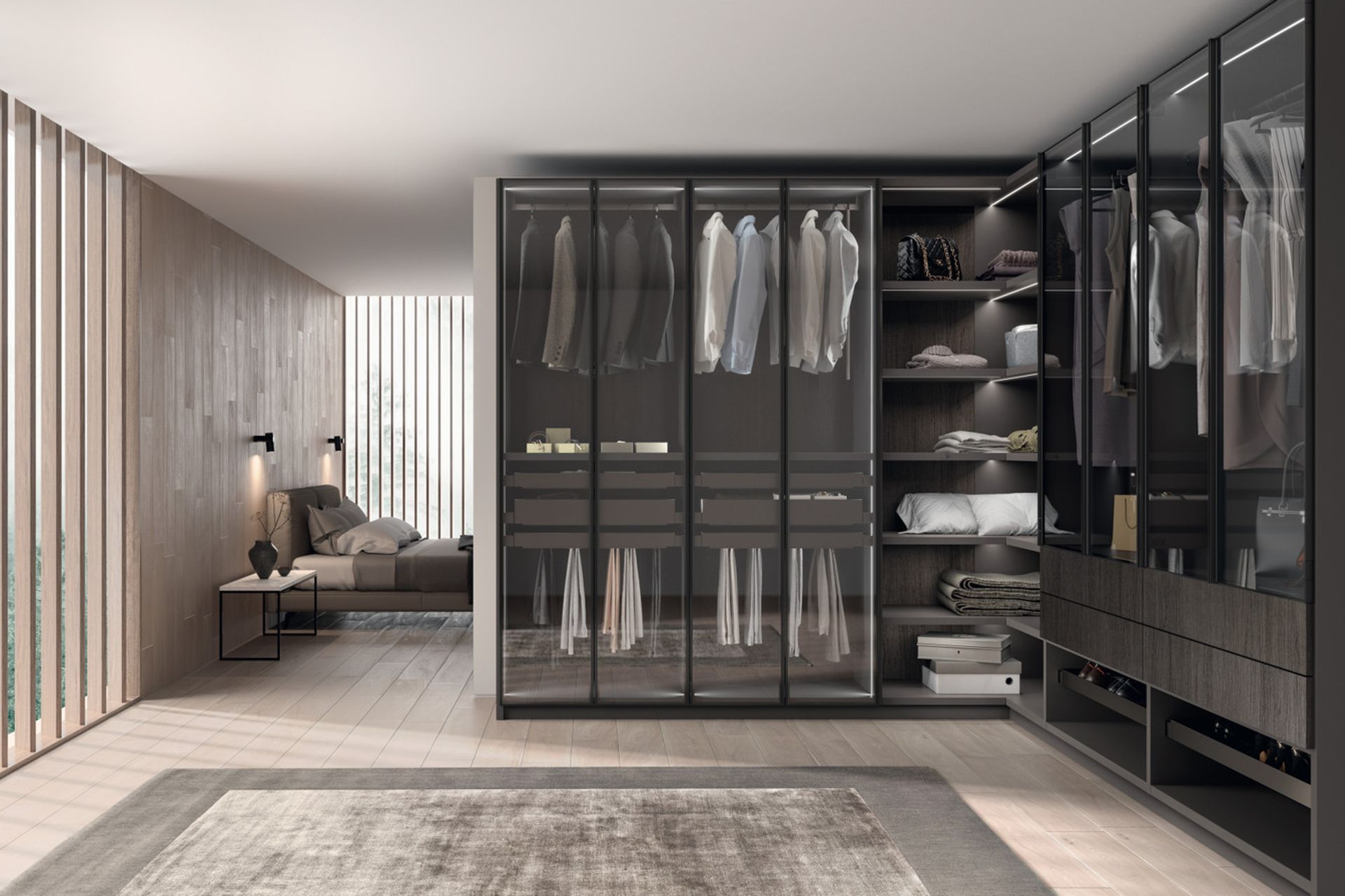 Anthracite Grey finish aluminium frame door with transparent Smoked glass (3.5 cm thick). The vertical profile acts as the handle and the hinges are built-in. The door opens 180° and is fitted with a soft closing system.