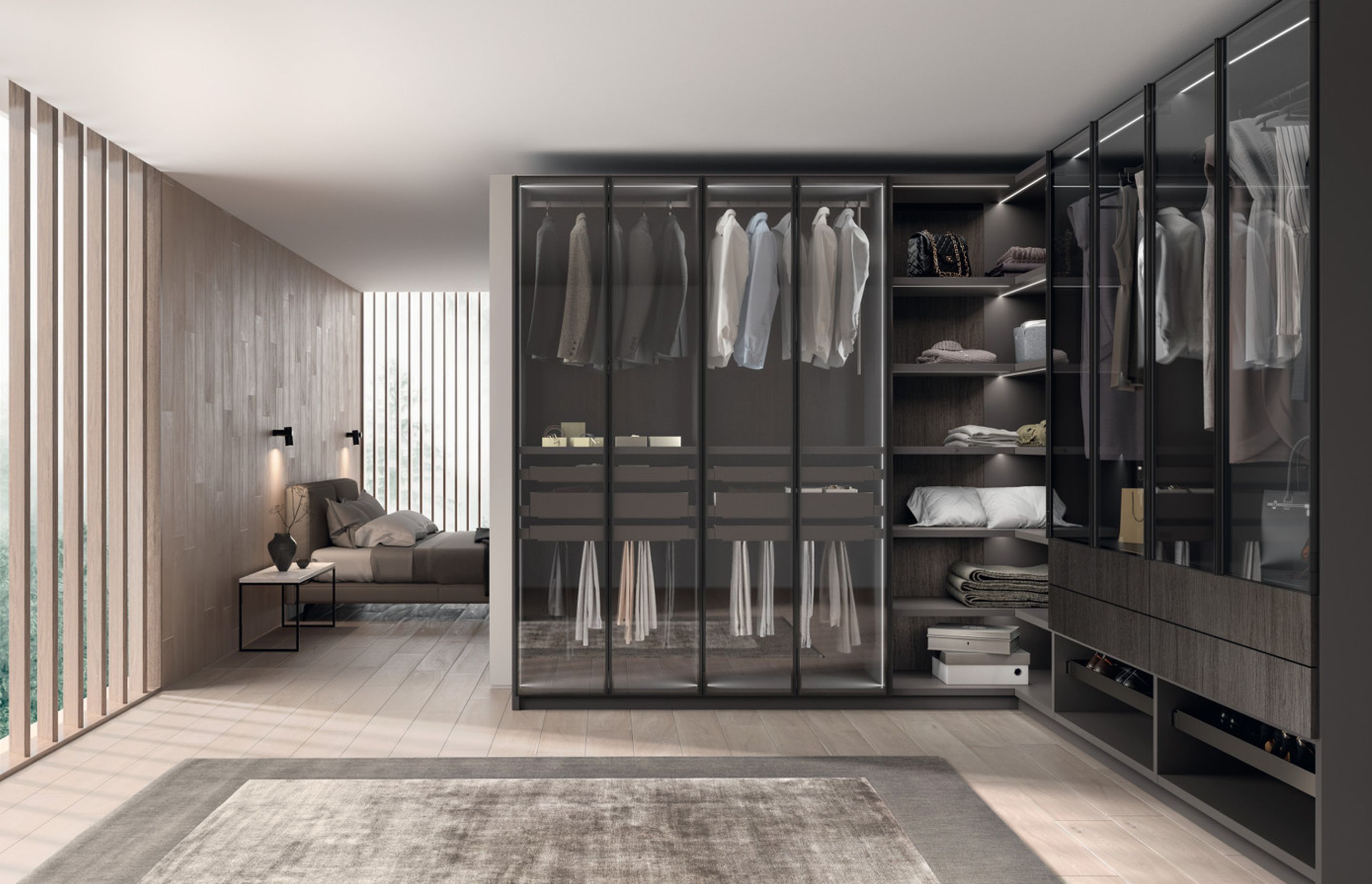 Anthracite Grey finish aluminium frame door with transparent Smoked glass (3.5 cm thick). The vertical profile acts as the handle and the hinges are built-in. The door opens 180° and is fitted with a soft closing system.
