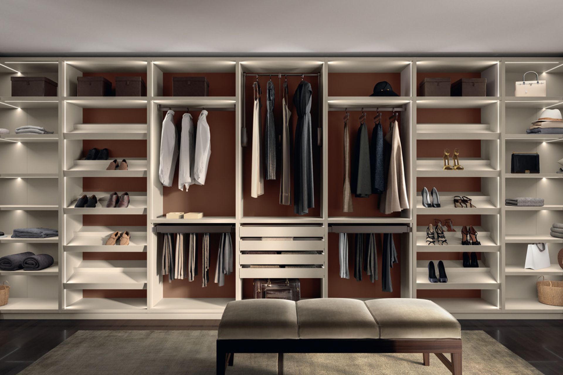 Drawer unit and “Assist” shoe rack shelf; Magical lights; rising clothes rack, trouser racks and clothes racks from the “Support” series.