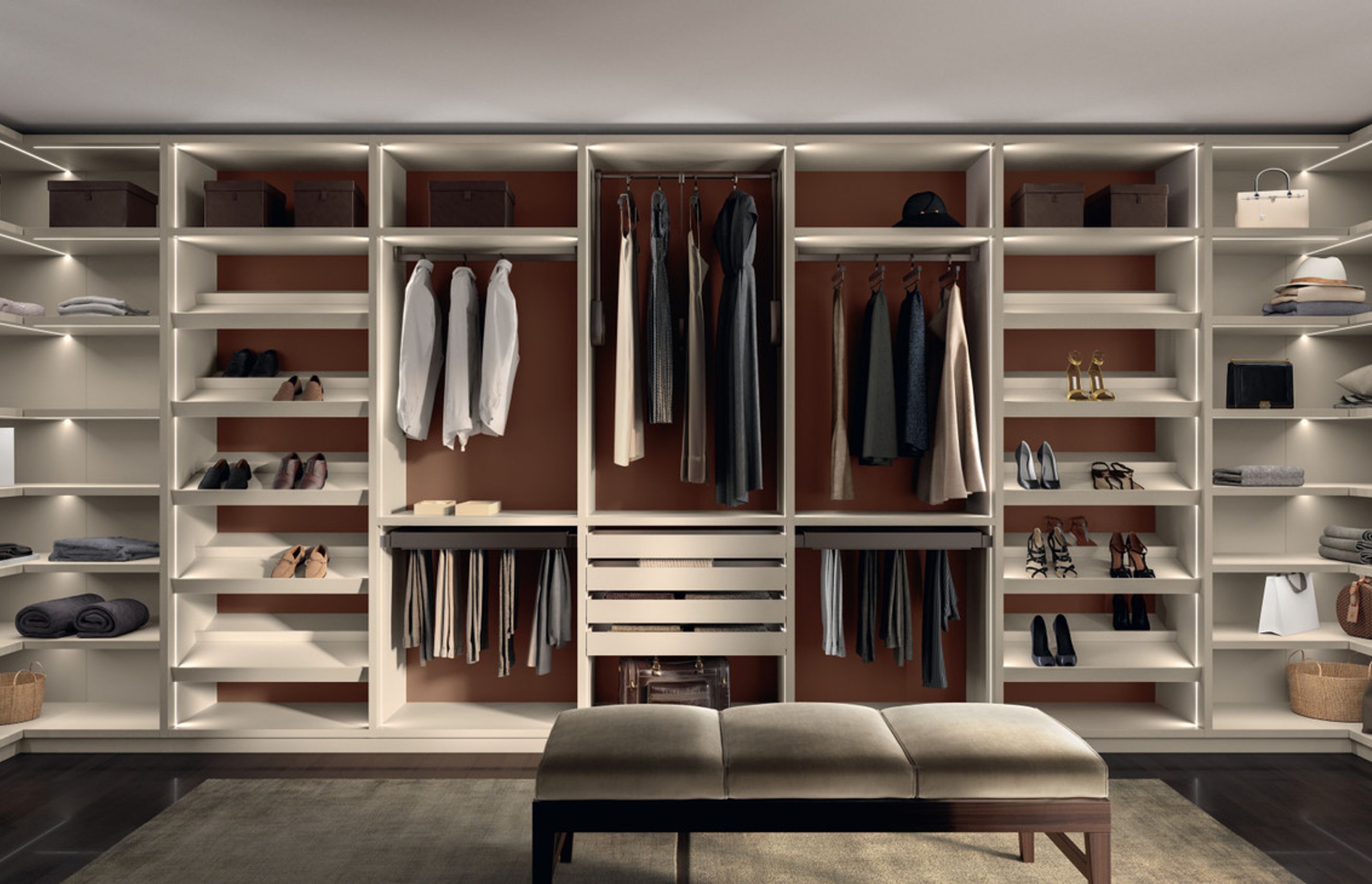 Drawer unit and “Assist” shoe rack shelf; Magical lights; rising clothes rack, trouser racks and clothes racks from the “Support” series.