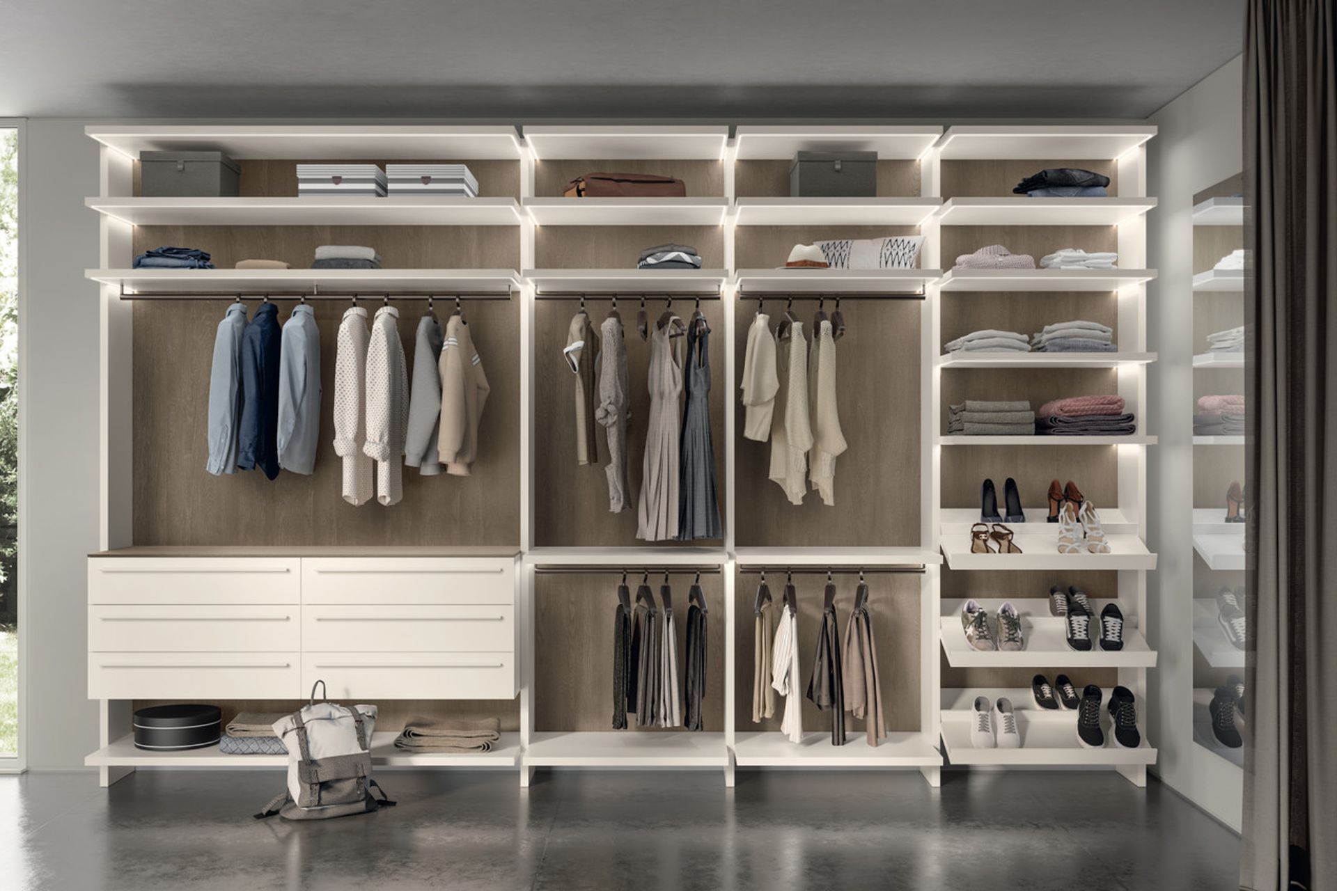 Prestige White matt lacquered wall-mounted drawer units, with decorative melamine sides; Flexy lights for shelves and shoe racks. "Comfort” series metal clothes rack .