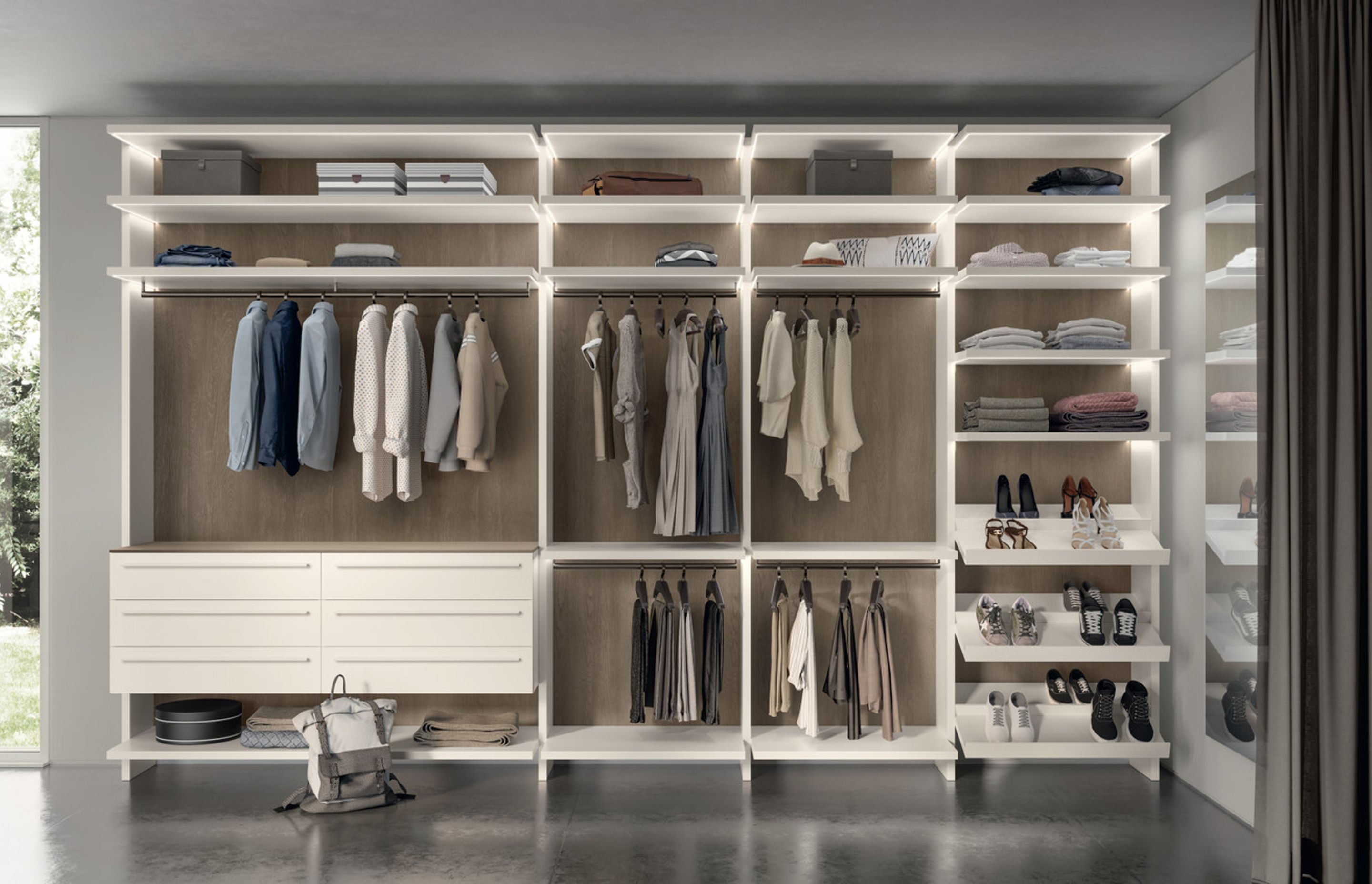 Prestige White matt lacquered wall-mounted drawer units, with decorative melamine sides; Flexy lights for shelves and shoe racks. "Comfort” series metal clothes rack .