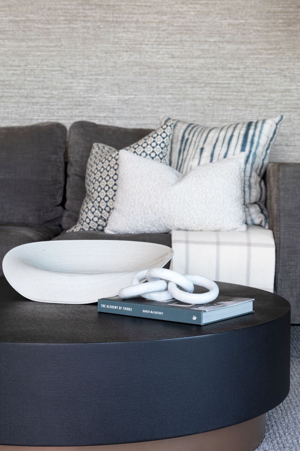 Family lounge which sings comfort! Custom dyed fabrics with pattern and texture adds warmth and comfort to the space. Photographer - Sandra Henderson.