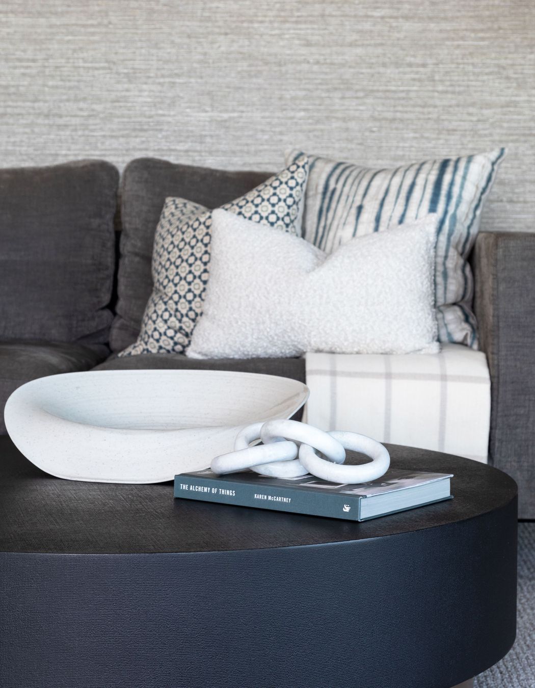 Family lounge which sings comfort! Custom dyed fabrics with pattern and texture adds warmth and comfort to the space. Photographer - Sandra Henderson.