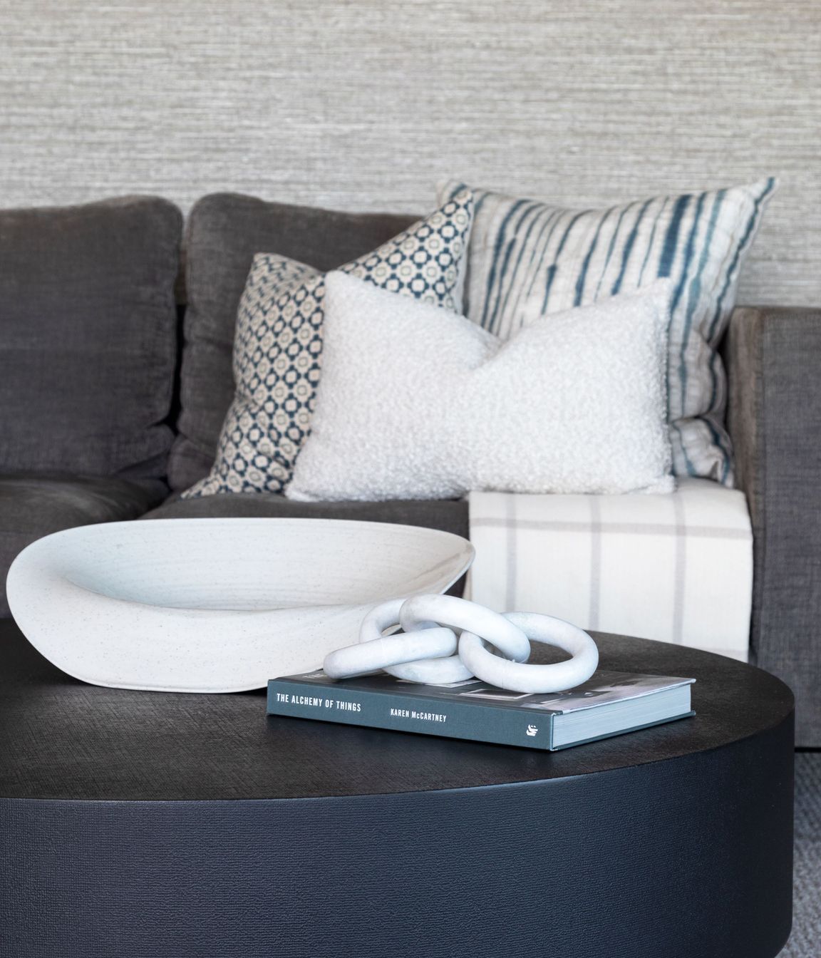Family lounge which sings comfort! Custom dyed fabrics with pattern and texture adds warmth and comfort to the space. Photographer - Sandra Henderson.