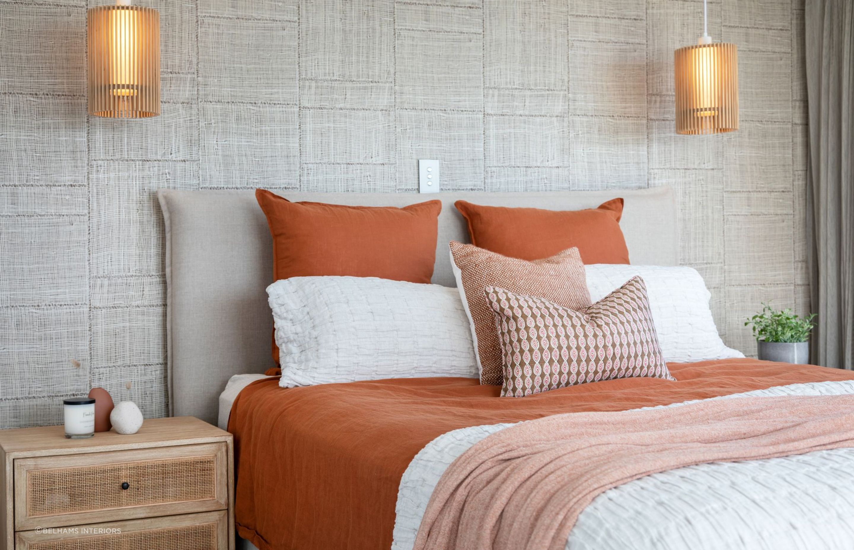 Rust and blush bedroom. Photographer - Sandra Henderson