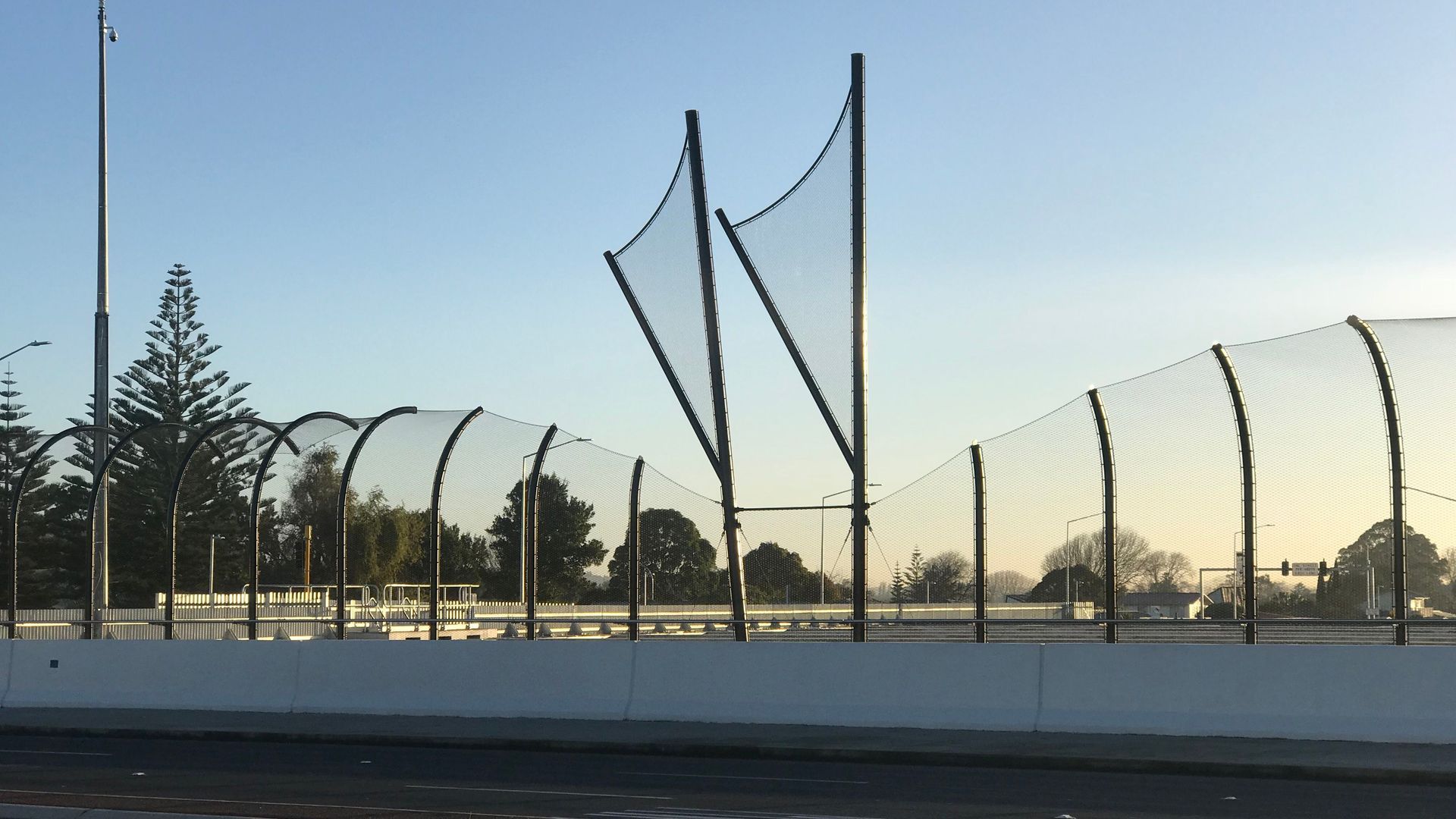 Kirkbride Road / SH20A intersection over bridge  - anti-throw mesh screens banner
