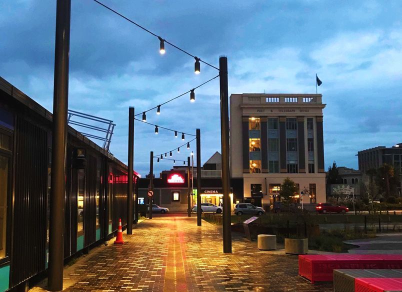 South Frame catenary lighting and mesh-infilled green screens - Christchurch CBD