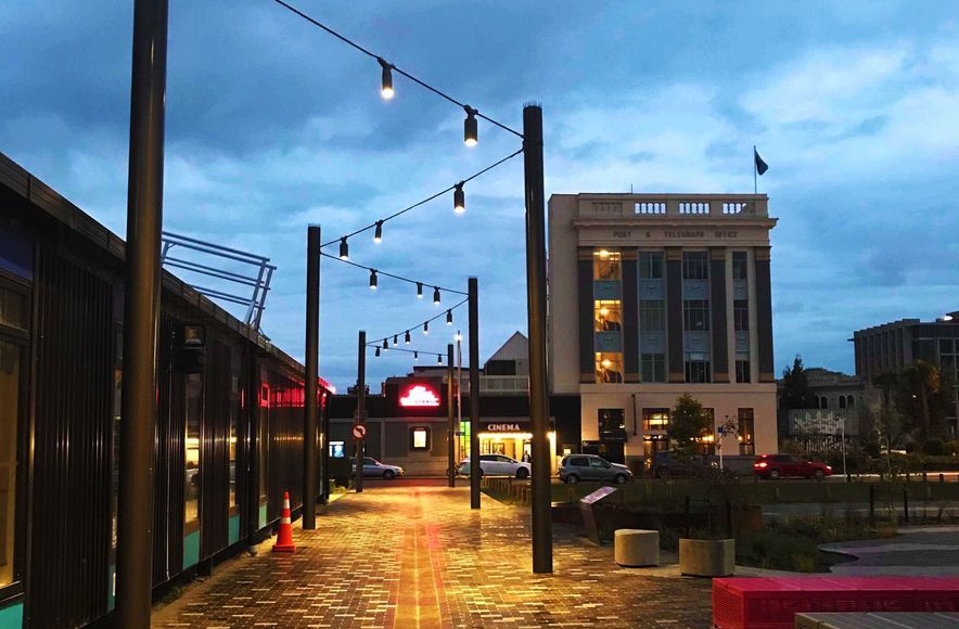South Frame catenary lighting and mesh-infilled green screens - Christchurch CBD