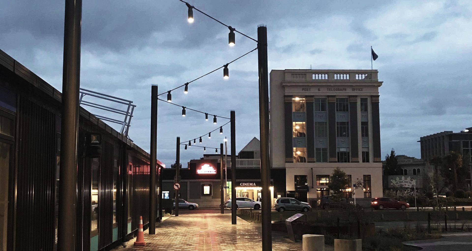 South Frame catenary lighting and mesh-infilled green screens - Christchurch CBD banner