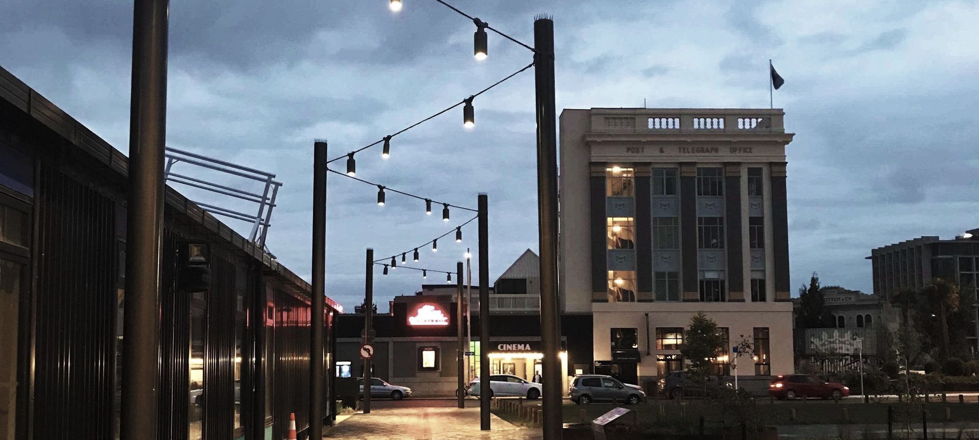 South Frame catenary lighting and mesh-infilled green screens - Christchurch CBD banner