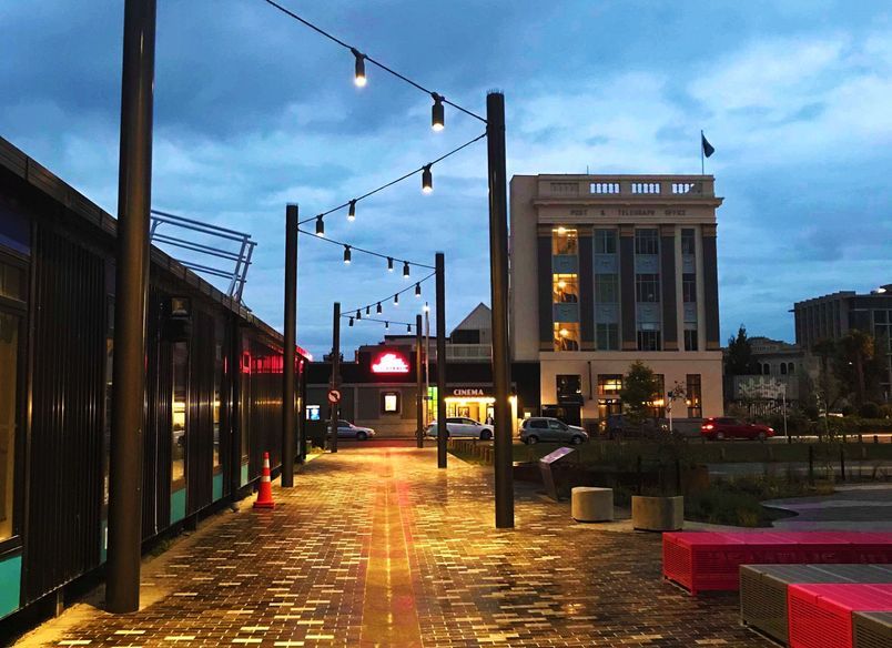 South Frame catenary lighting and mesh-infilled green screens - Christchurch CBD