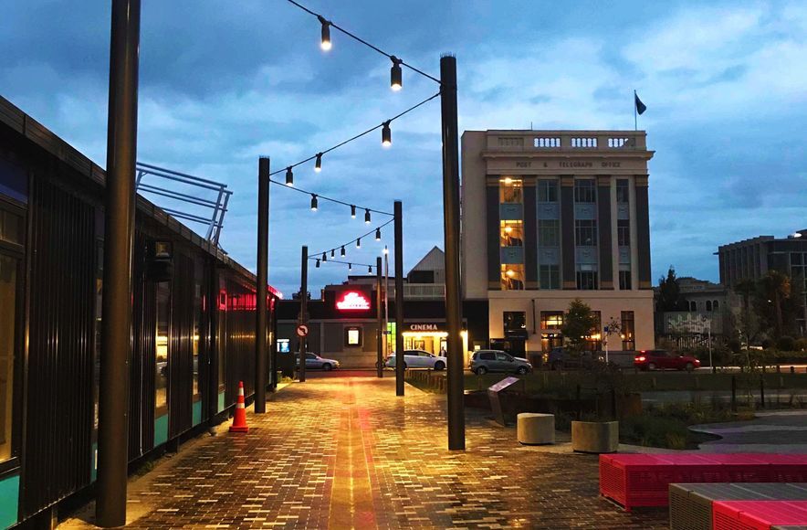 South Frame catenary lighting and mesh-infilled green screens - Christchurch CBD