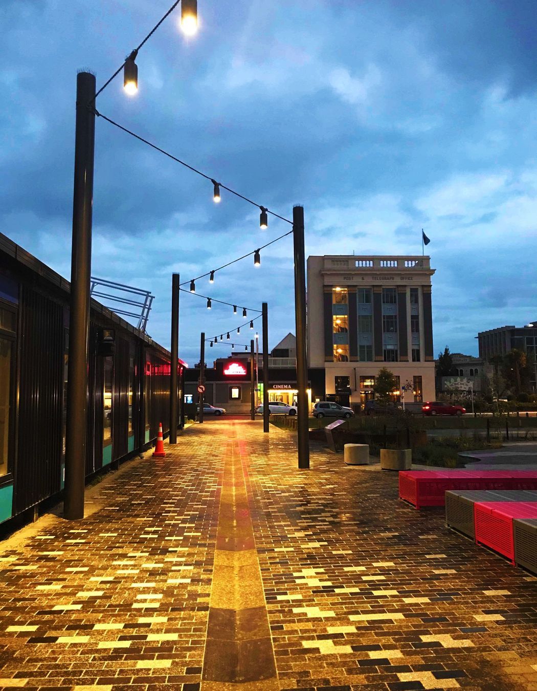 South Frame laneway catenary lighting and mesh-infilled walls - Christchurch CBD