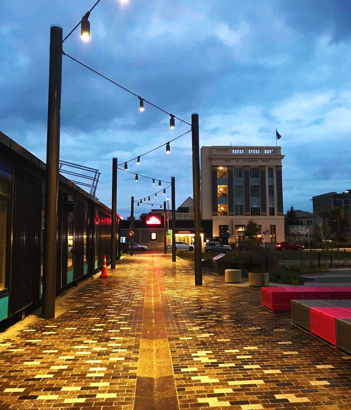 South Frame laneway catenary lighting and mesh-infilled walls - Christchurch CBD
