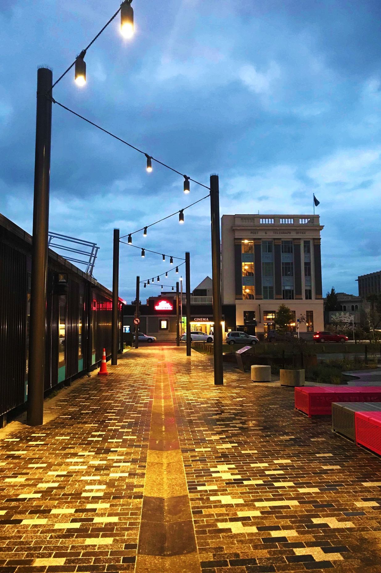 South Frame laneway catenary lighting and mesh-infilled walls - Christchurch CBD