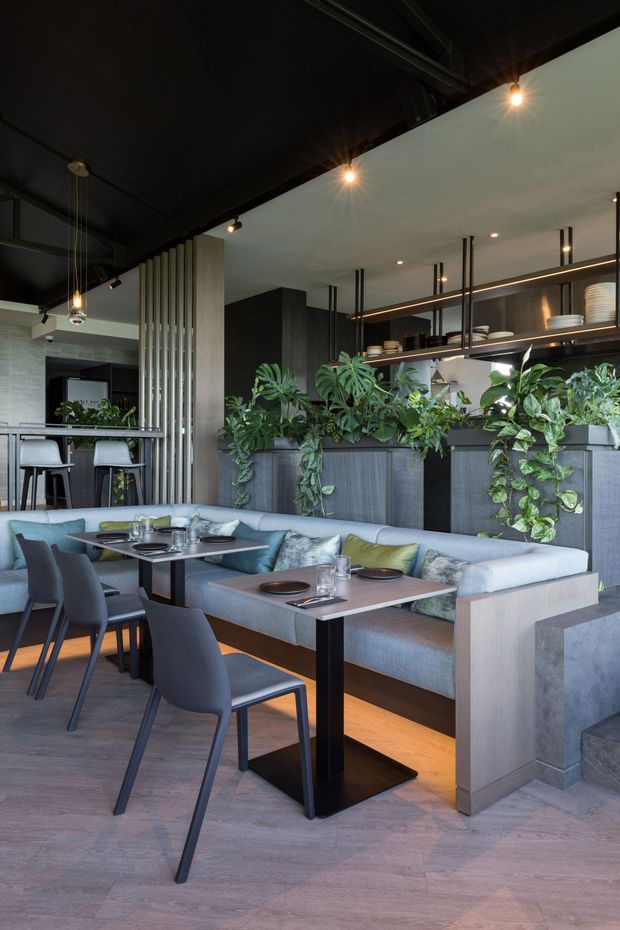 A contemporary restaurant or hospitality interior with booth seating, dining tables, upholstered chairs, abundant trailing plants, dark shelving and cabinetry, and a bar or service counter in the background. The space features a dark ceiling with pendant and track lighting, warm timber-look flooring, grey-blue upholstery, and a refined industrial-inspired fit-out.