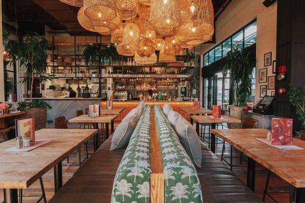A warmly lit contemporary restaurant interior with a central banquette upholstered in green and white botanical fabric, surrounded by timber dining tables and chairs. The space features a large open bar with extensive bottle shelving, indoor tropical plants, black-framed glazing, exposed dark ceiling elements, and a striking cluster of woven rattan pendant lights.