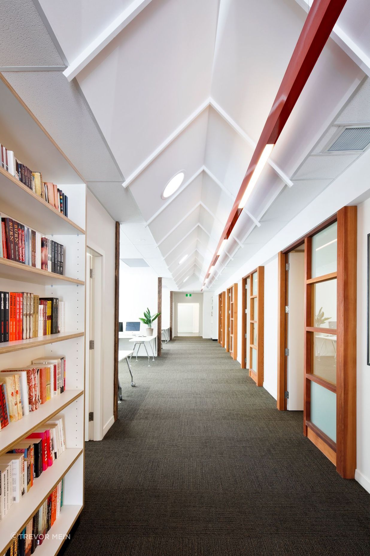 Pitched ceiling opens up the connection spaces within the office