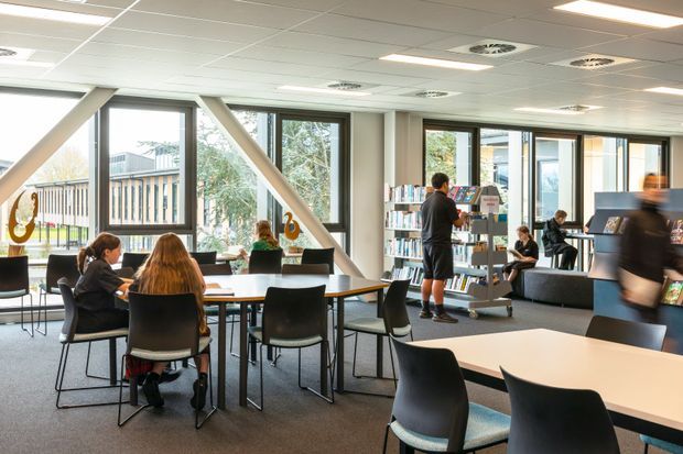 Bright contemporary library or study area with large windows, communal tables, black chairs, bookshelves, lounge seating, and a service or display counter. Exposed diagonal structural braces frame the glazing, while a suspended acoustic ceiling and carpeted floor complete the institutional interior.