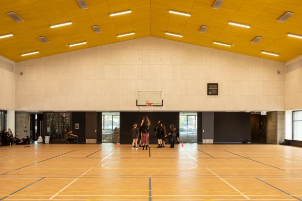 A large indoor sports gymnasium or multipurpose court with polished timber flooring marked for multiple sports, a basketball hoop, high acoustic wall panels, dark lower wall sections, and a warm timber-clad ceiling with linear fluorescent lighting. People gather near the far end, with doors and windows along the side walls.