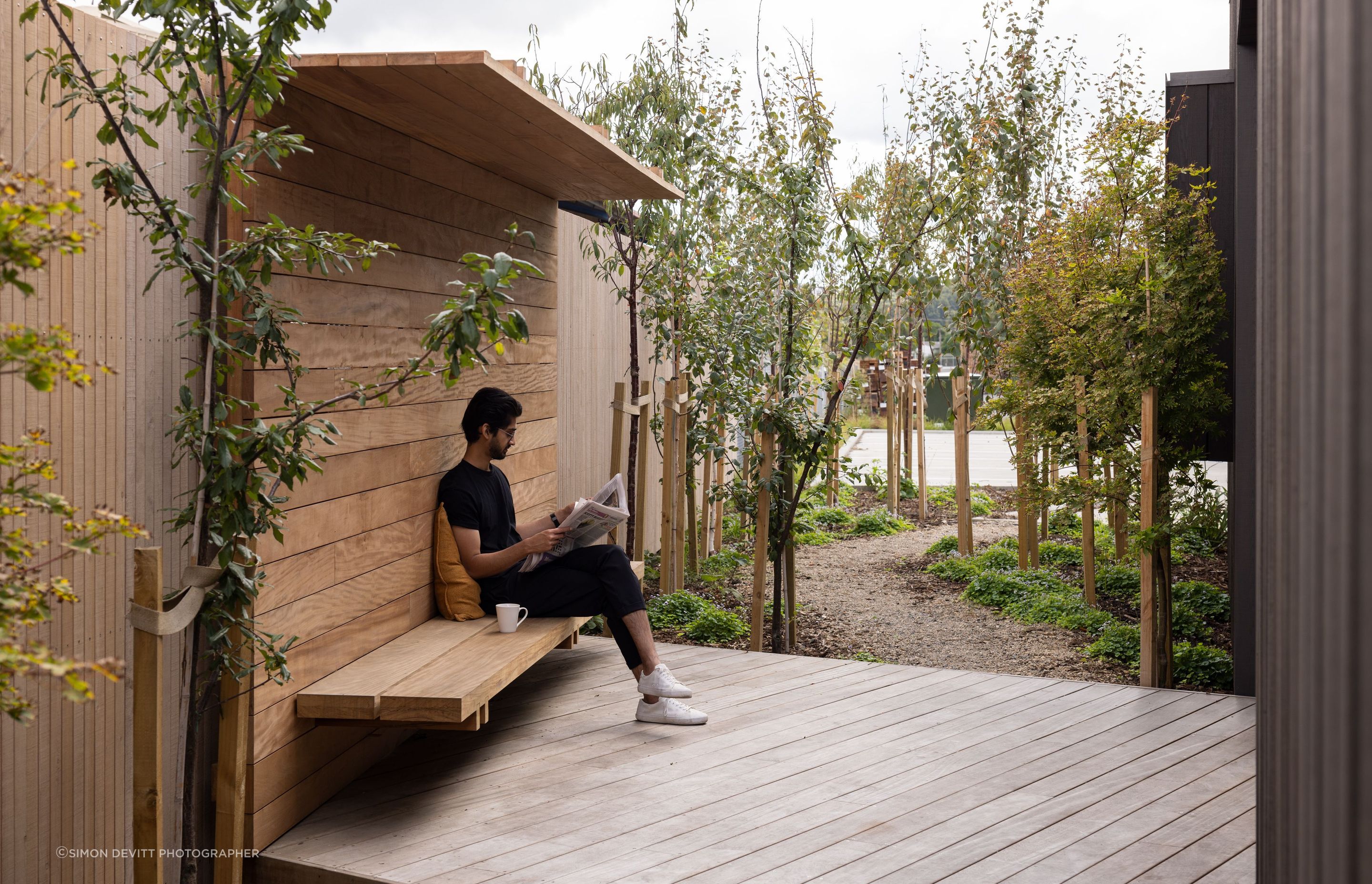 Large overhanging eaves on the building provide options for employees if they’re not sitting in the sun. “The landscape also introduces fruit trees, which adds another layer of staff wellbeing.”