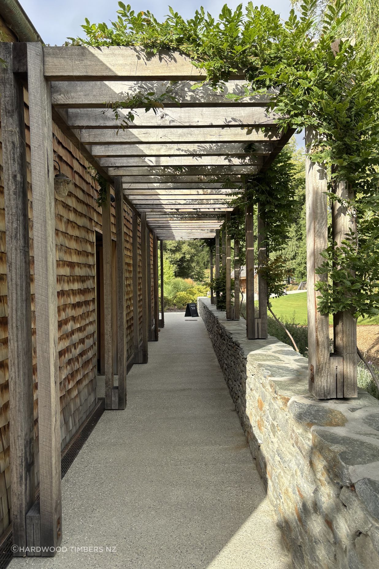 Reclaimed hardwood pergola, Ayrburn Precinct