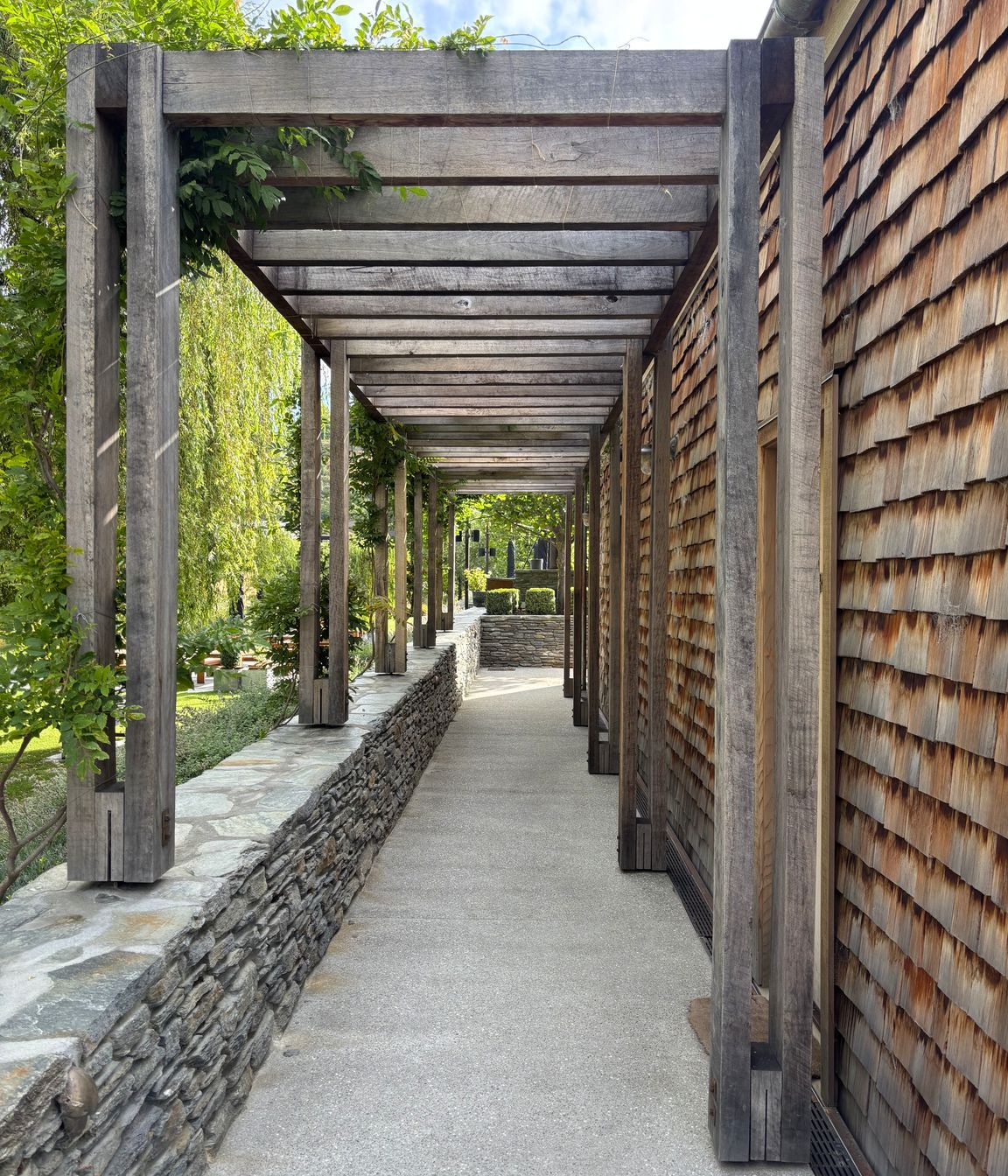 Reclaimed hardwood pergola, Ayrburn Precinct