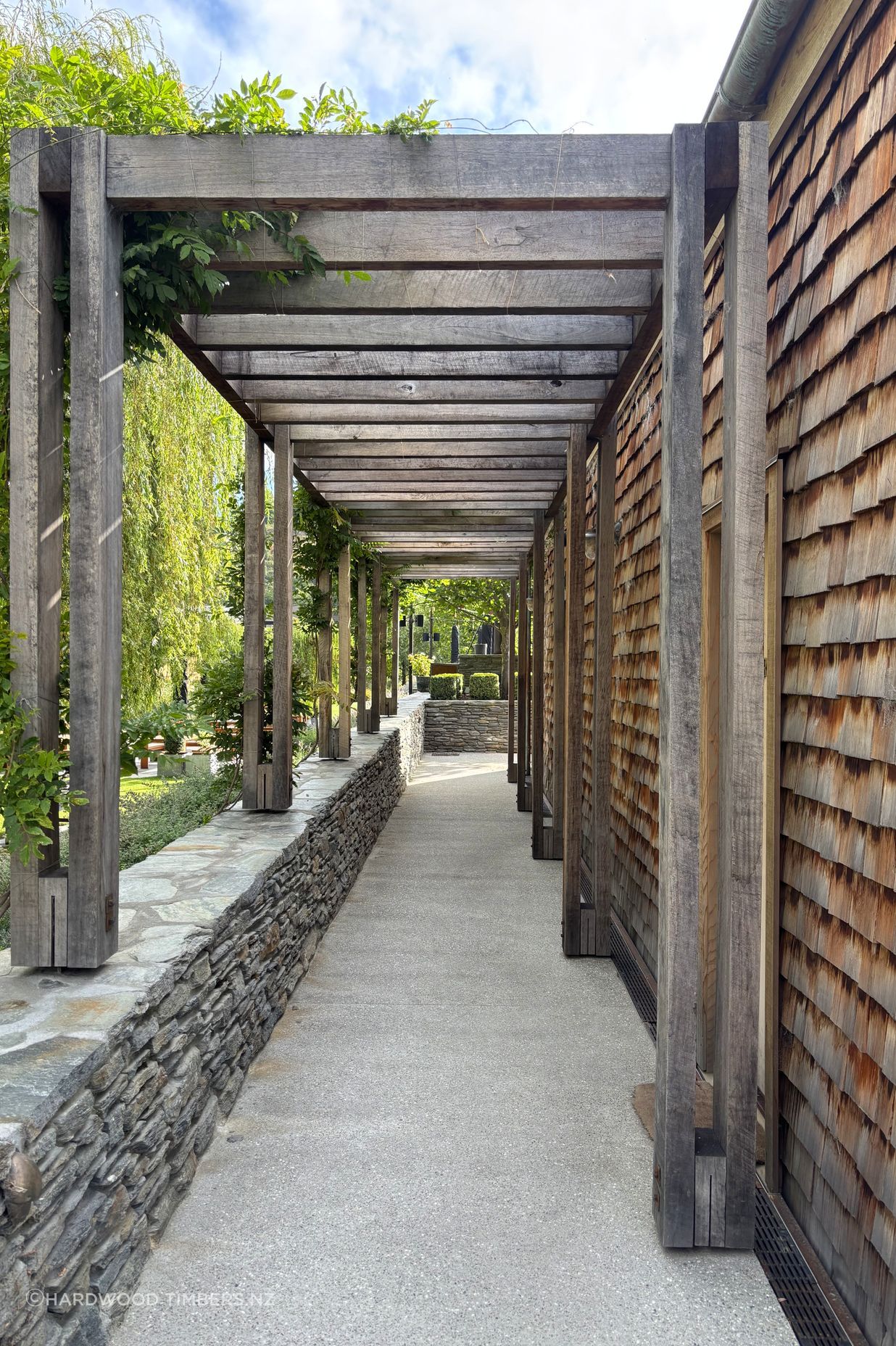 Reclaimed hardwood pergola, Ayrburn Precinct