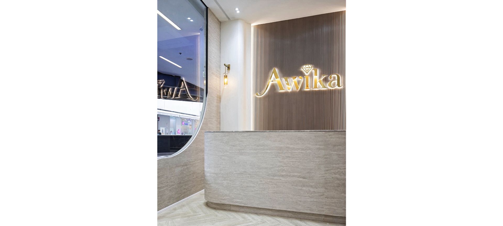 Curved Reception with Travertine-Style Flexible Wall Panels banner