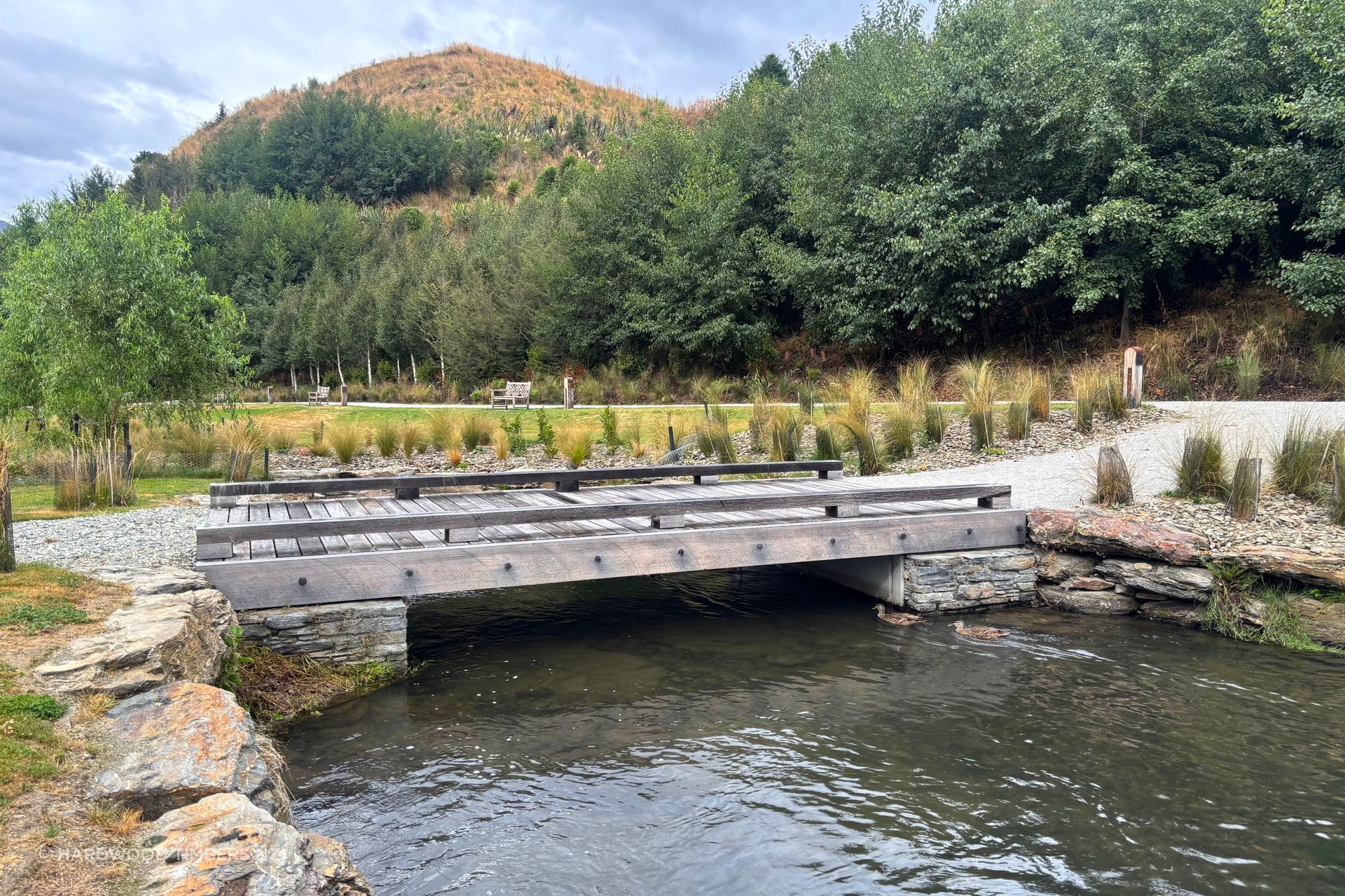 Reclaimed hardwood bridge, Ayrburn Precinct