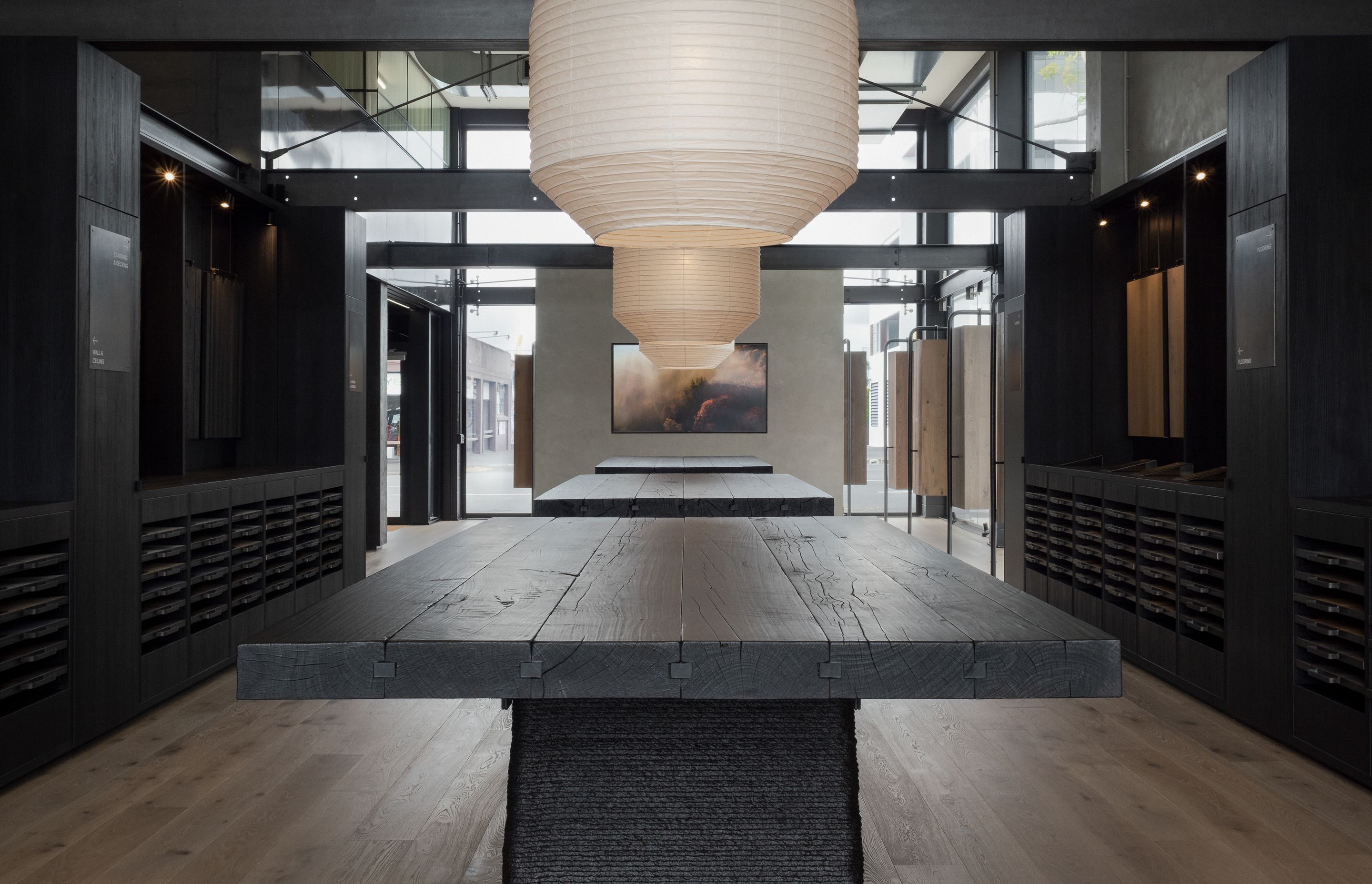 Prime Laminate Burnished Black. Designed by Wonder Group Design, Forte Flooring Auckland Showroom.