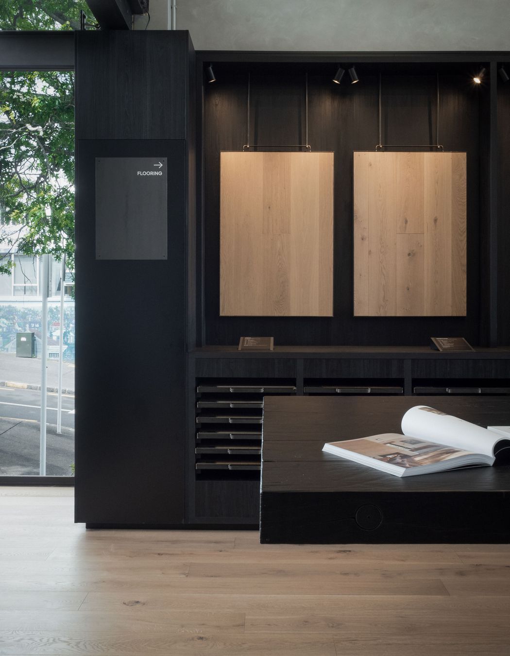 Prime Laminate Burnished Black. Designed by Wonder Group Design, Forte Flooring Auckland Showroom.