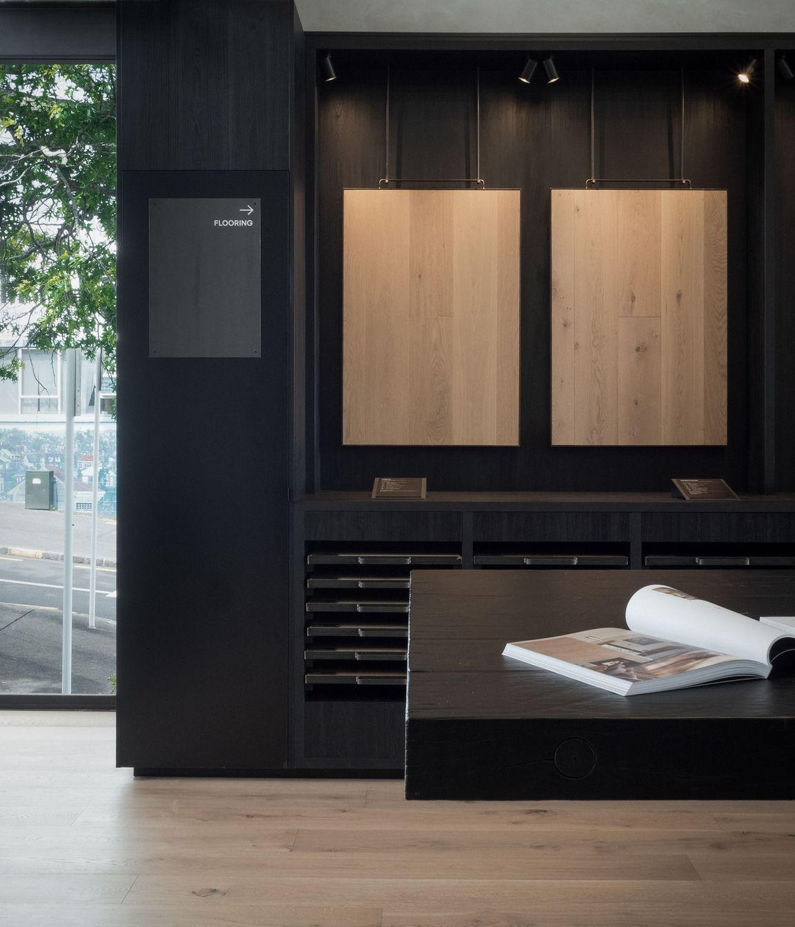Prime Laminate Burnished Black. Designed by Wonder Group Design, Forte Flooring Auckland Showroom.