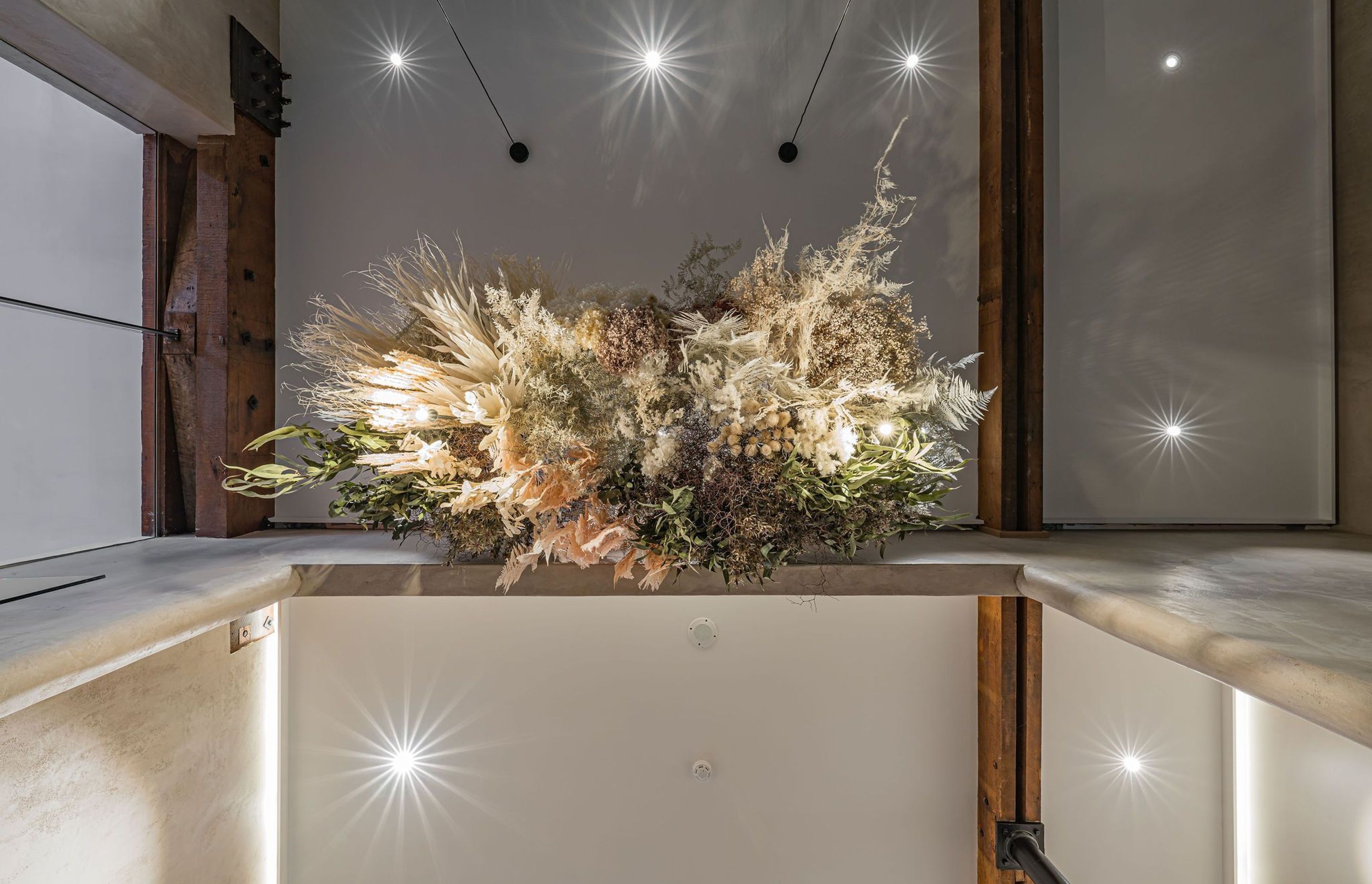 nu Yoga Studio Dunedin. Looking up at the Receptions preserved floral installation.