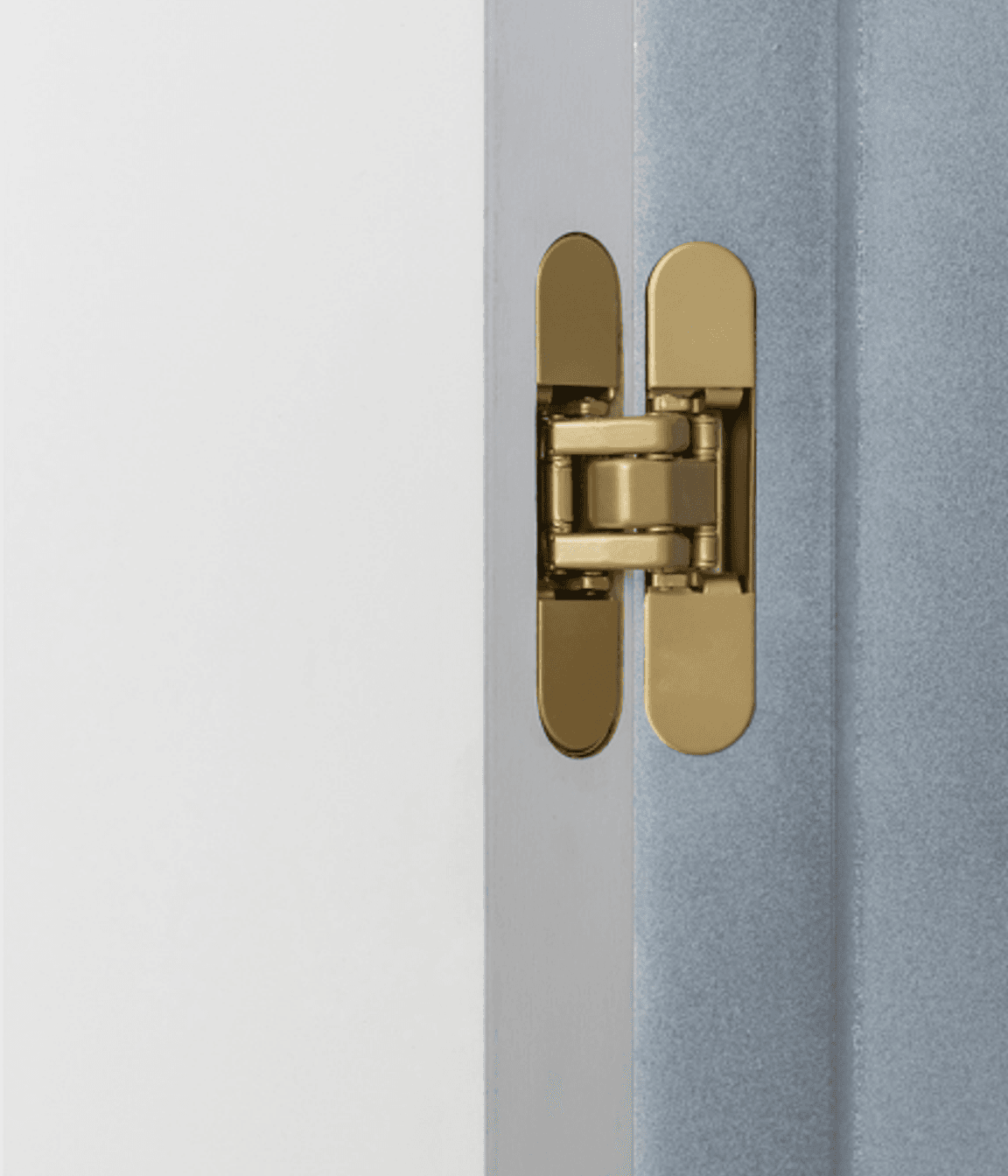 The satin brass RocYork Concealed Hinge on an open door.