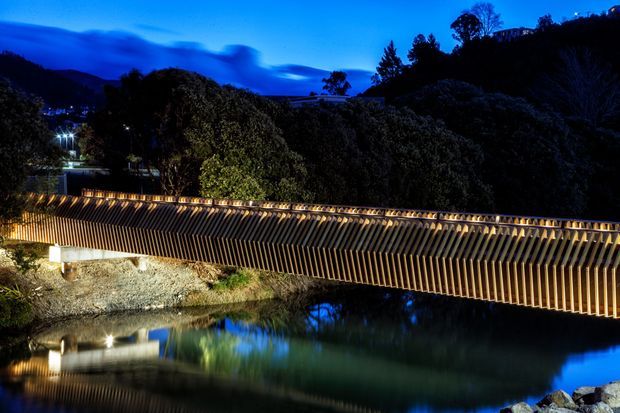 Night-time exterior view of a long pedestrian bridge spanning a calm waterway, with warm linear lighting integrated into a timber-toned vertical slat structure. Dense trees and dark hills form the background, while the illuminated bridge and its reflection dominate the scene.