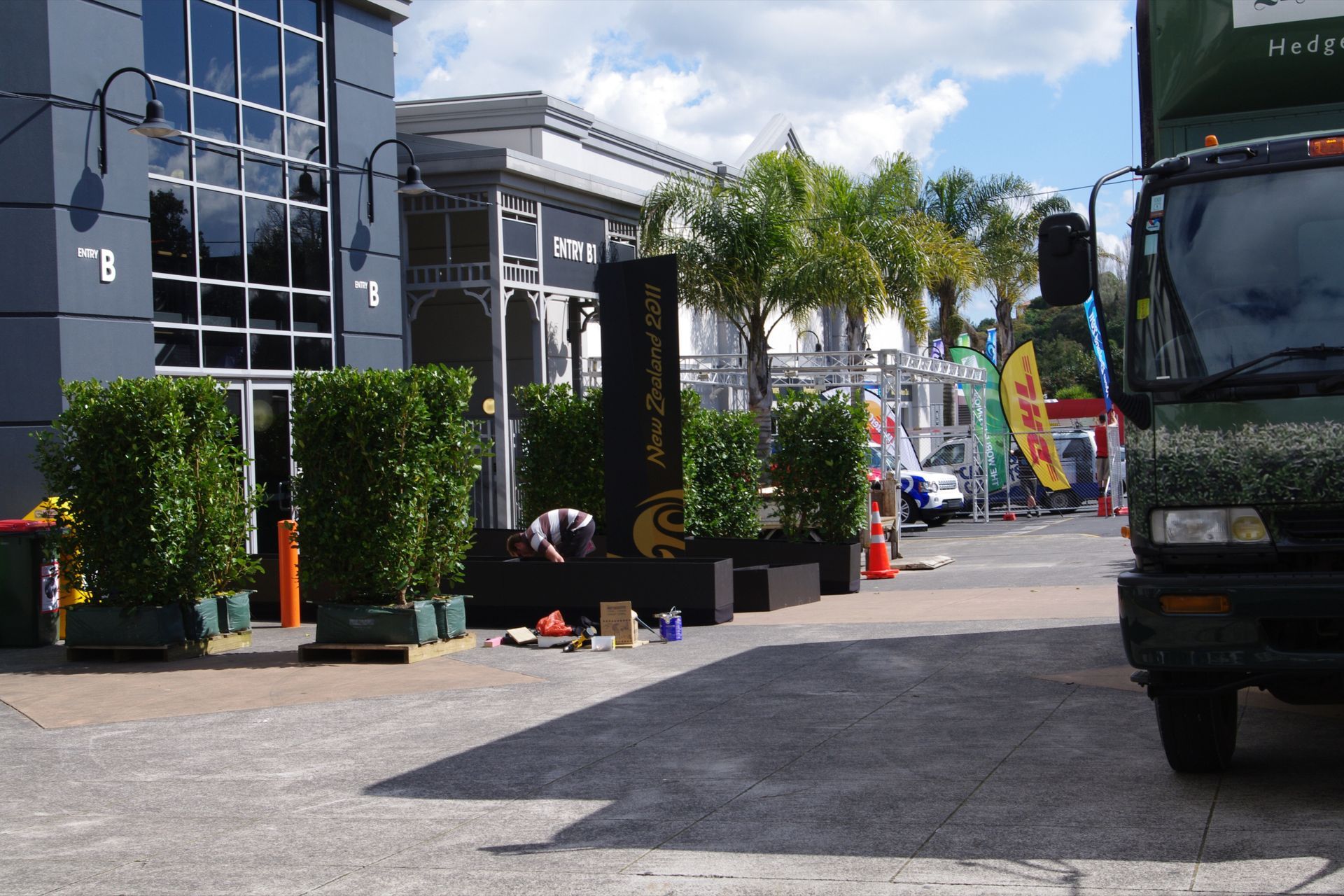 Fully formed Living Walls™ hedge units being positioned in planters at Eden Park ahead of the 2011 Rugby World Cup.