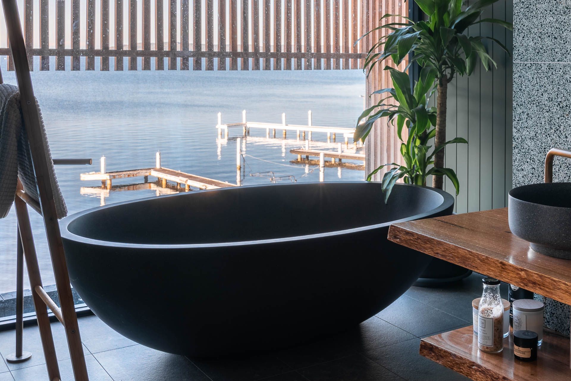 Award swimming bathtub views of Lake Macquarie