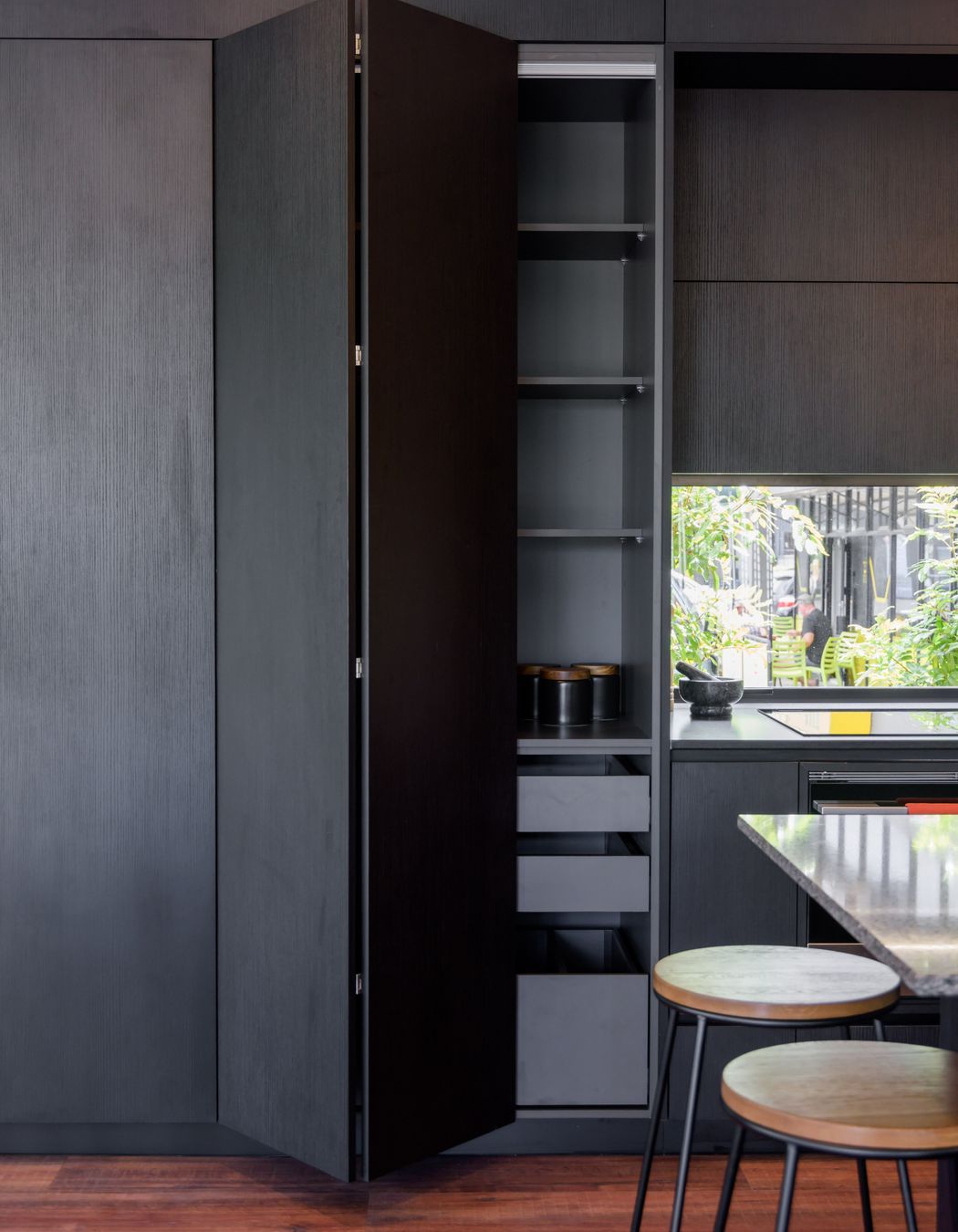 Black Grained Cabinetry with Tongue and Groove Feature