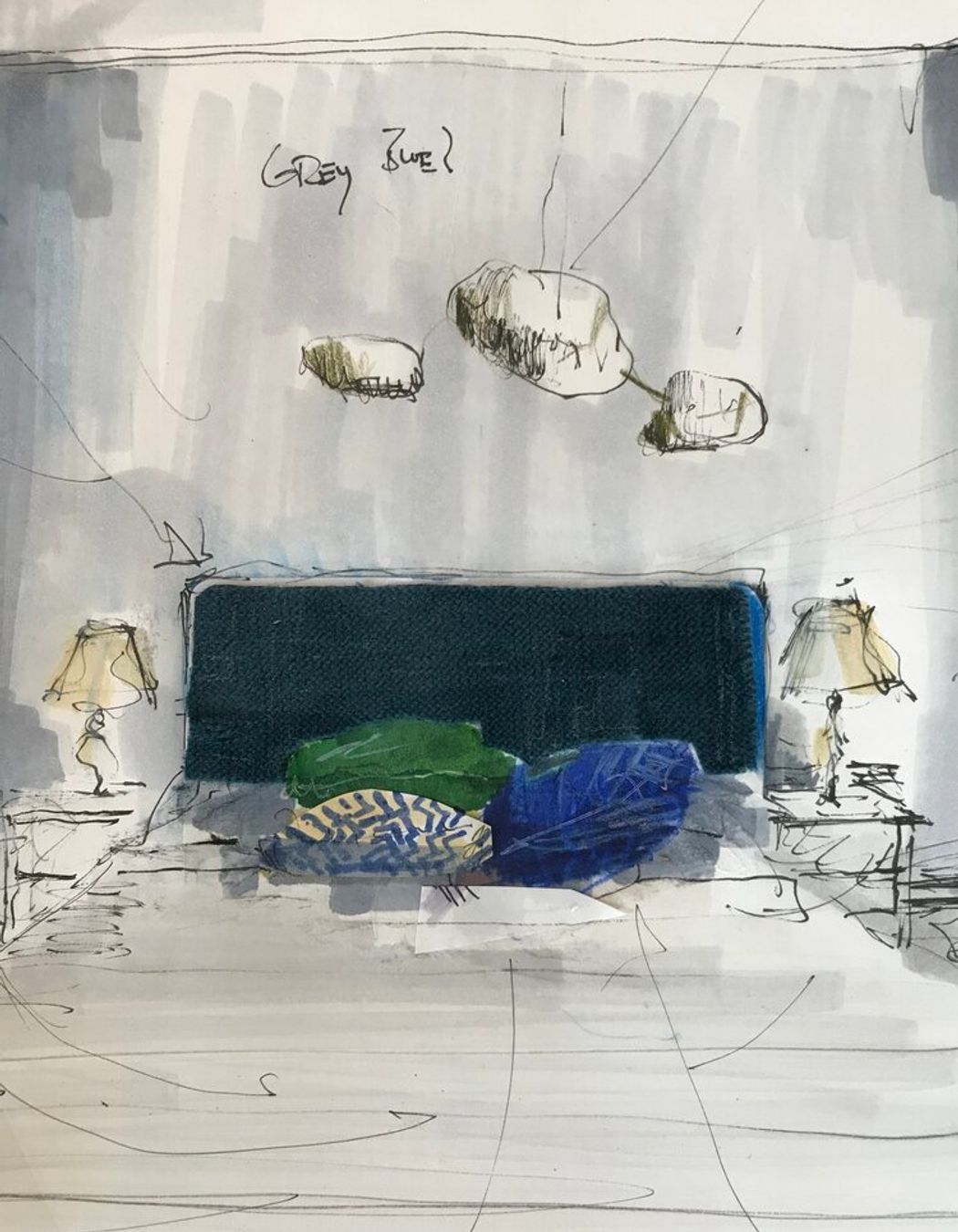 Drawn john oxborough August 15, 2020 Bed, Board and Lights, with blue…by us. Podere Linen, glasswork and Iron. OIDesign.