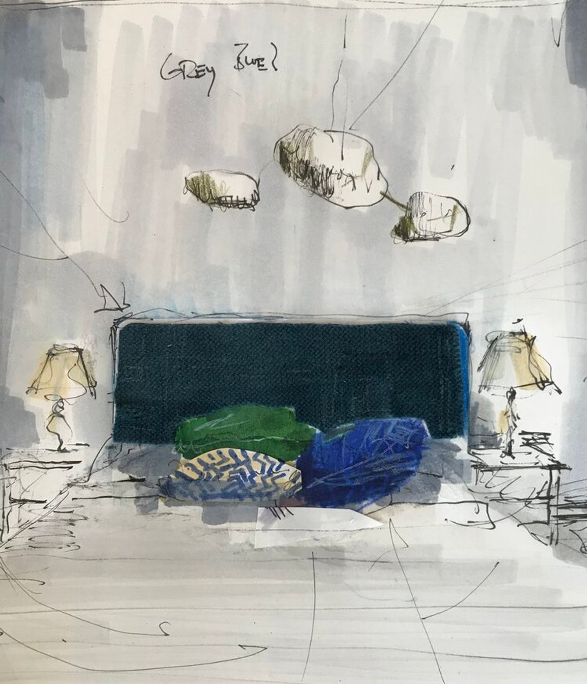 Drawn john oxborough  August 15, 2020 Bed, Board and Lights, with blue…by us.  Podere Linen, glasswork and Iron. OIDesign.