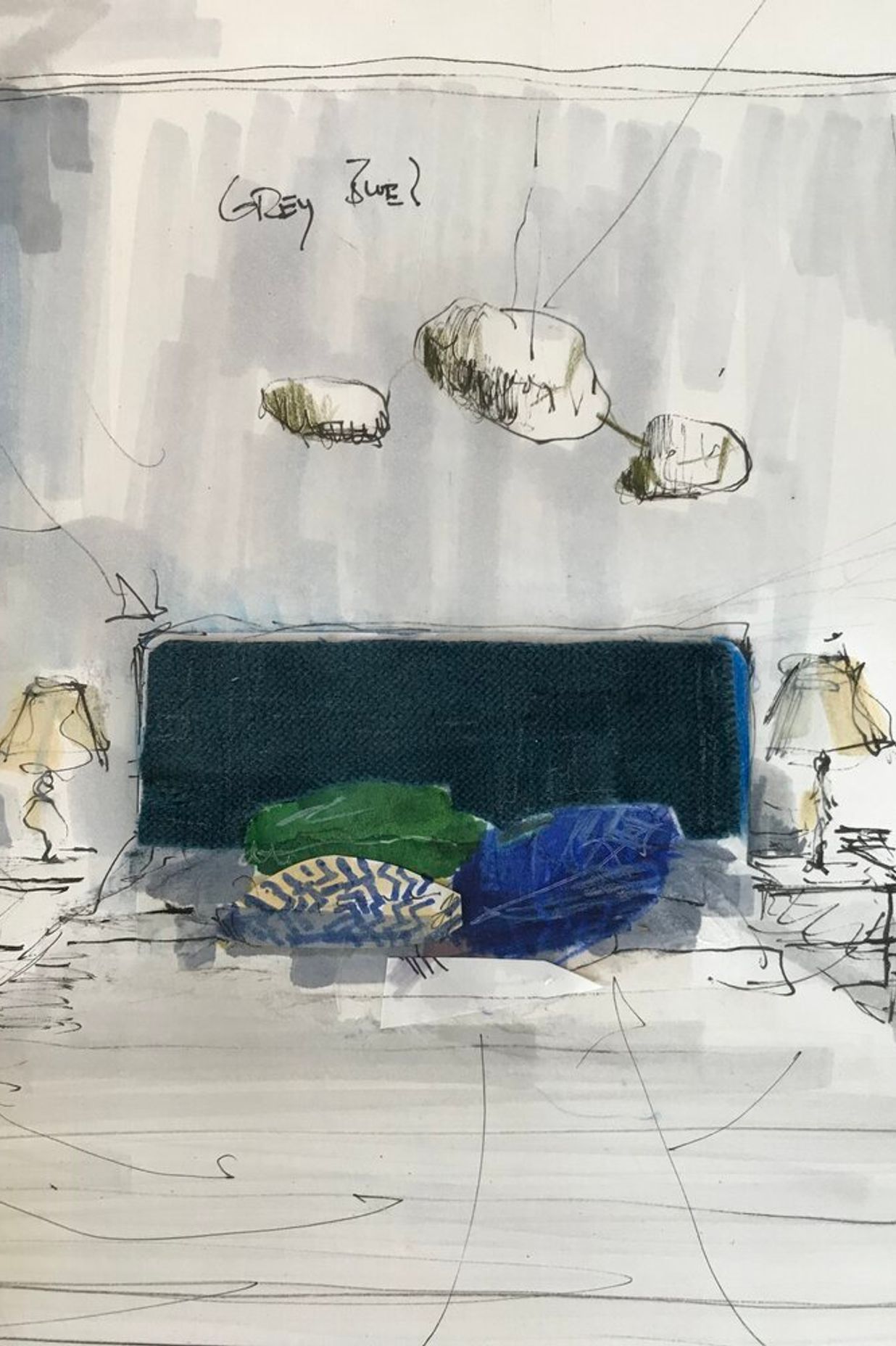 Drawn john oxborough August 15, 2020 Bed, Board and Lights, with blue…by us. Podere Linen, glasswork and Iron. OIDesign.