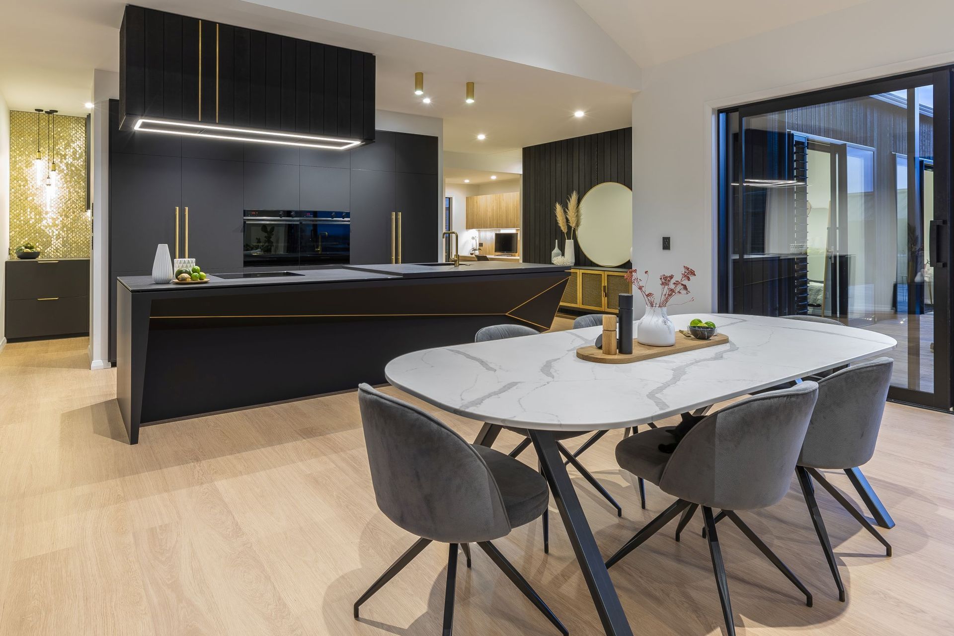 Prime Laminate Black Velvet / Prime Stone Statuario Venato Leather finish. Designed by Leonie Hamill of Cube Dentro