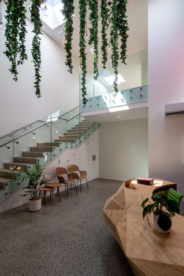 A bright contemporary interior lobby or entry space with a sculptural open staircase, glass balustrades, polished concrete or terrazzo-style flooring, and a double-height void. Trailing greenery hangs from the ceiling around a skylight, while a light timber reception desk and woven chairs furnish the space. An upper-level walkway with glass balustrading overlooks the lobby.