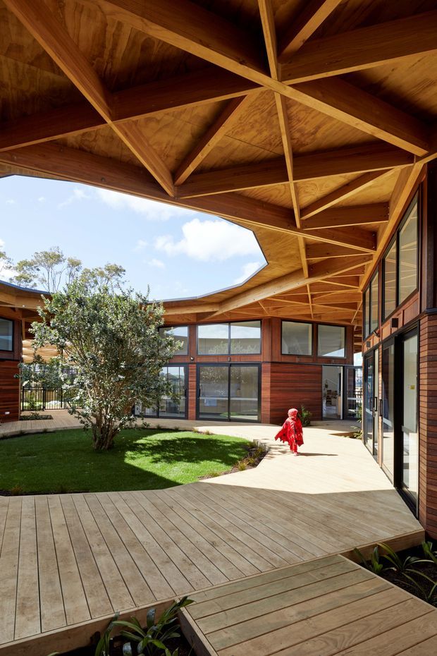 A bright contemporary courtyard framed by timber-clad buildings and extensive glazing. A large timber deck surrounds a central lawn and mature tree, while a broad sculptural timber canopy with exposed geometric beams extends overhead. The courtyard includes paved walkways, planted garden beds, and connected indoor spaces visible through the windows.