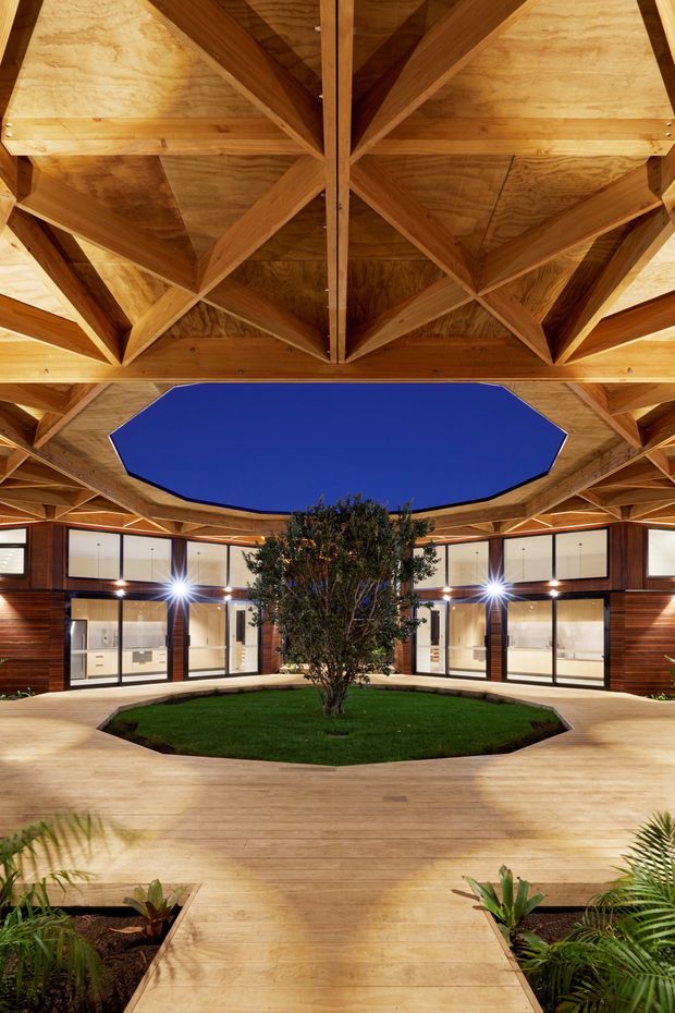 A circular or polygonal indoor courtyard beneath an elaborate exposed timber roof structure. The roof forms a geometric radial pattern around a large open skylight showing blue sky. Glazed rooms and timber-clad walls surround a central landscaped lawn with a tree, while broad timber decking and planted beds create a warm, sheltered atrium-like space.