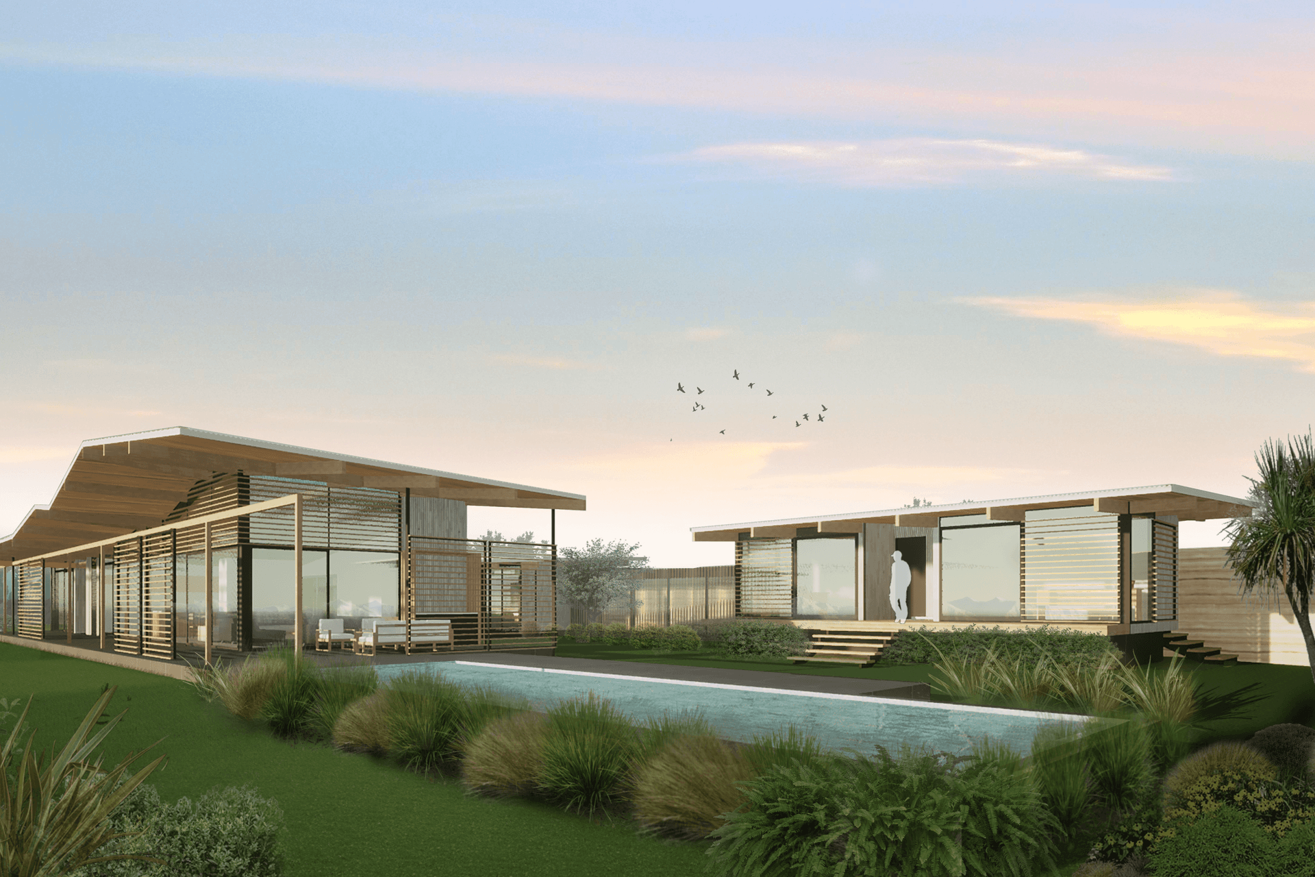 Family home on the Canterbury Plains responds boldly to its surrounding landscape, as it stretches out wide across the flat plains and soars towards the Southern Alps with its folding roofline.