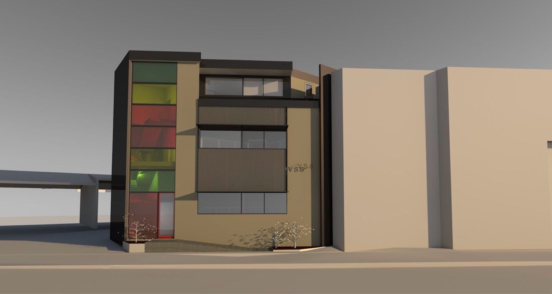 Streetfacade with coloured laminated glass to the stair, shading to windows